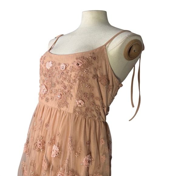 BHLDN Tulle Floral Embroidered Gown Peach Spaghetti Strap Maxi Dress Size 12 - Picture 9 of 16